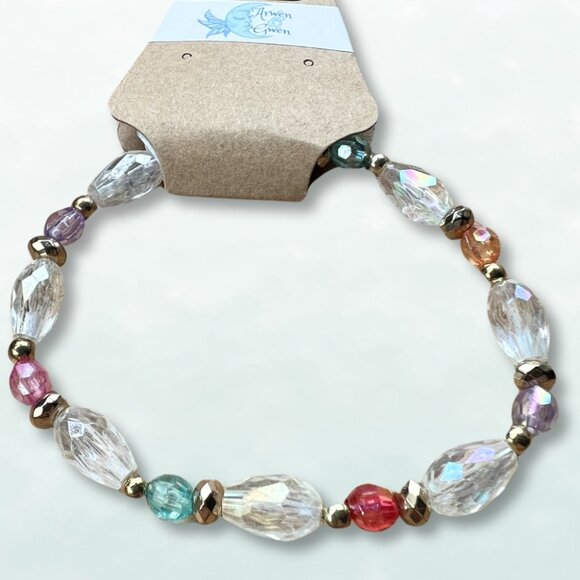 Clear and Colored Gem Like Acrylic Beaded Stretchy Bracelet with Silver Accents - Picture 1 of 2